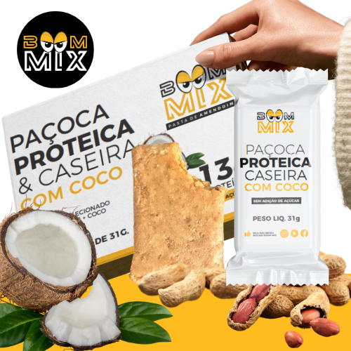 Caixa Paçoca Proteica Caseira com Coco - BoomMix (Zero Açúcar)(13g proteína)
